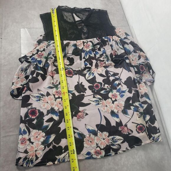 Guess Blouse Womens XL Pink Floral Sheer Mesh Ruffle Overlay Keyhole Lace Top - Picture 13 of 13